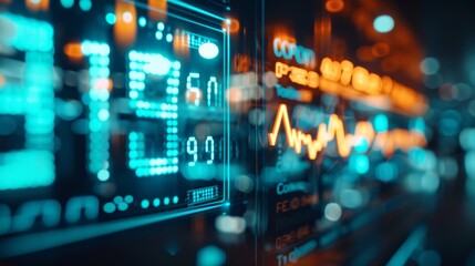 Abstract digital interface with financial data charts and graphs, representing market analysis, trading, and stock market trends.