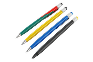 Fototapeta premium Four pens of different colors are lined up on a white background, illustrations, clipart, isolated on a transparent background.