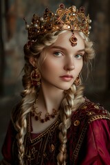Fototapeta premium Elegant young woman dressed in regal attire with a golden crown and intricate jewelry, embodying royalty and historical grandeur. Ideal for themes of medieval fantasy, royalty, and historical fashion.