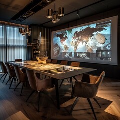 A contemporary dining area with an overhead interactive projector for virtual tabletop games and a table designed for optimal gaming experience