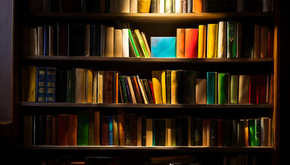 shelves with books low light