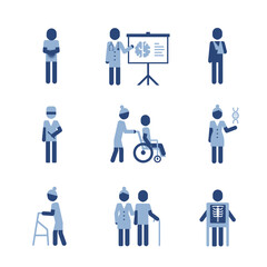 Medical pictograms with doctors. Clinic concept icons set. Simple pictograms with flurography, old man and woman icon pictogram.