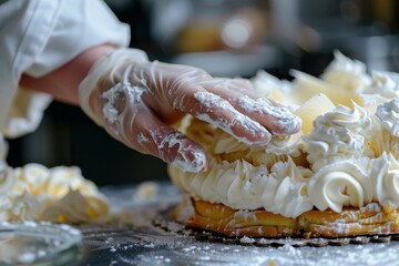 Pastry chef dusting icing sugar on cake using hand wearing glove in kitchen