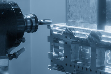 The horizontal CNC milling machine rough cutting the aluminum parts with solid flat end mill tool.