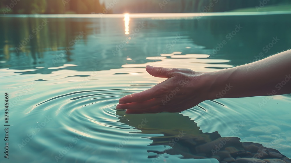 Canvas Prints Hand touching water, ripples, lake, sunset