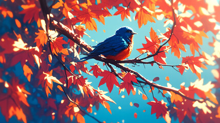 illustration art bird on the branch in autumn