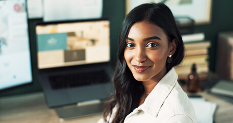 Woman, confident and startup of business, laptop and smile for story, journalist and computer on...