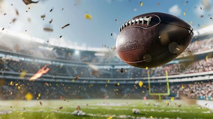 Close-up of a football being kicked for a field goal with the stadium in the background