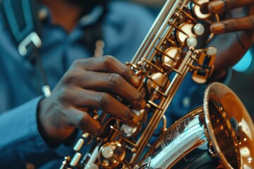 Fototapeta premium Close up of a musician playing a saxophone on stage during a live concert