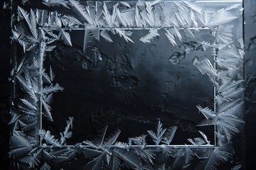 Empty glass frame with cold effect and frost on black background Generative Ai