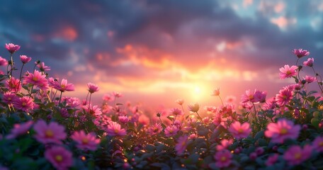 Obraz premium Sunset Over Pink Flowers