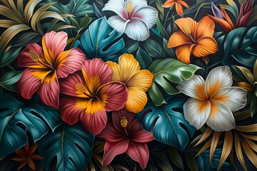 Colorful Hawaiian Flower Painting, Tropical Artwork