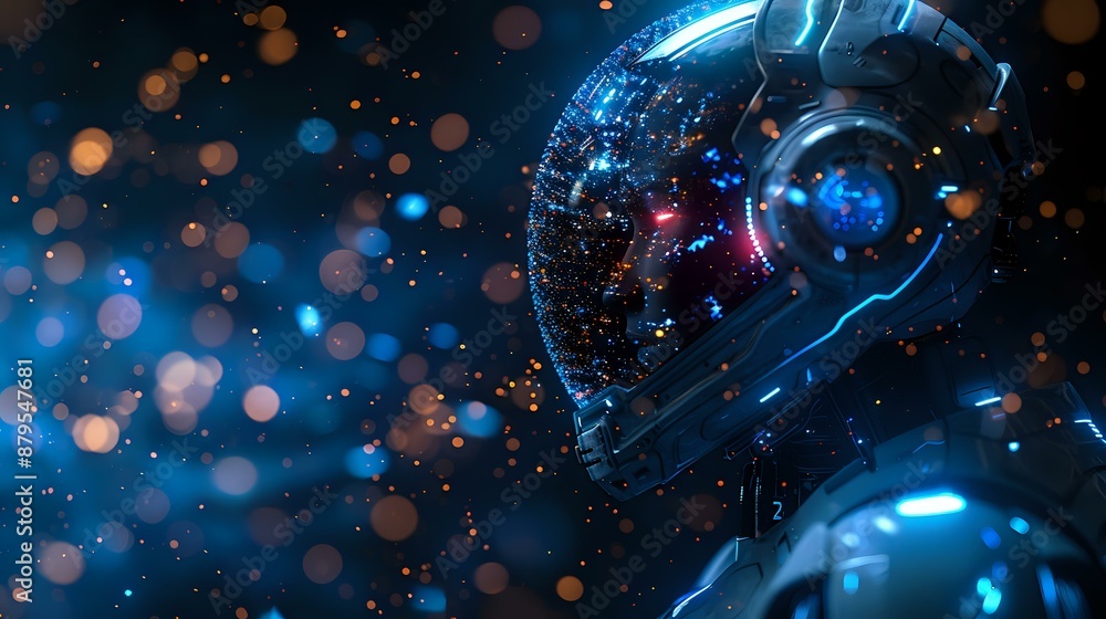 Poster A futuristic astronaut helmet illuminated by neon blue lights against a backdrop of floating particles, evoking a sense of exploration and advanced technology.