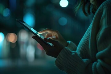 Woman is using smartphone in city at night, browsing internet on her mobile phone