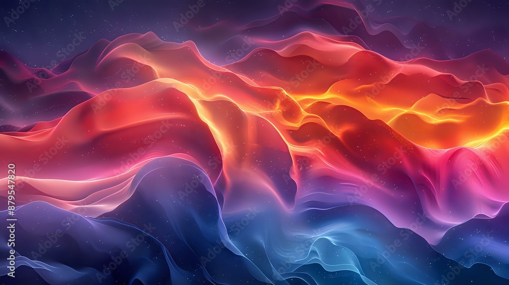 Poster abstract image of vibrant flowing waves in shades of red, orange, and blue, creating a dynamic and e