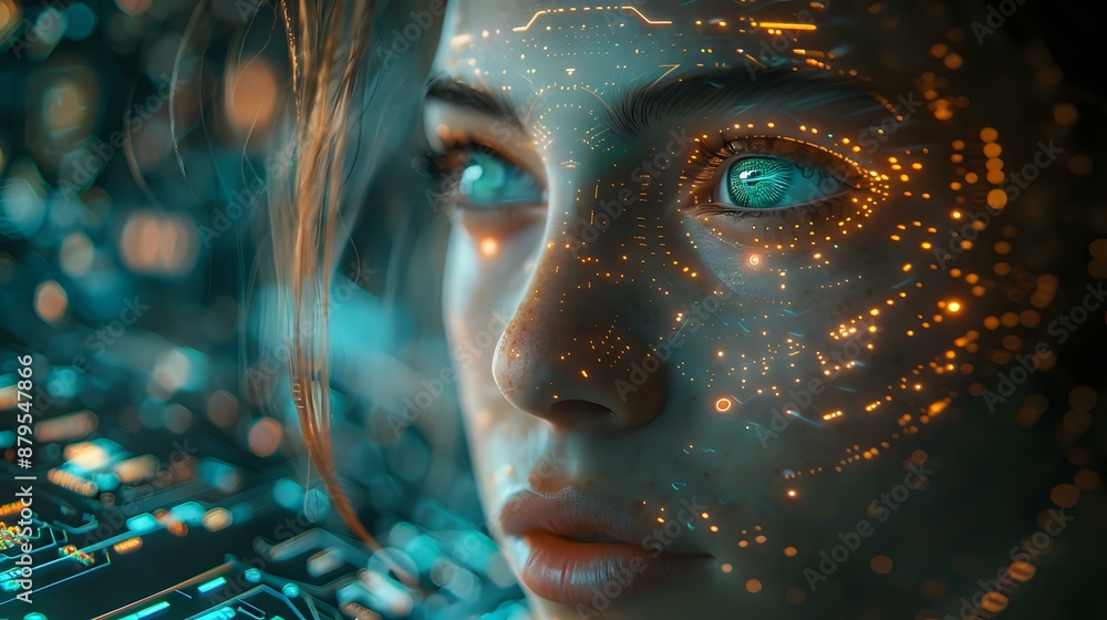 Poster close-up of a woman's face with glowing digital circuitry patterns, reflecting a futuristic and tech