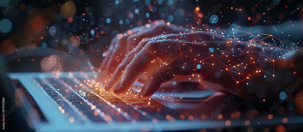 Poster close-up of hands typing on a laptop keyboard with a network of glowing data points. ideal for theme