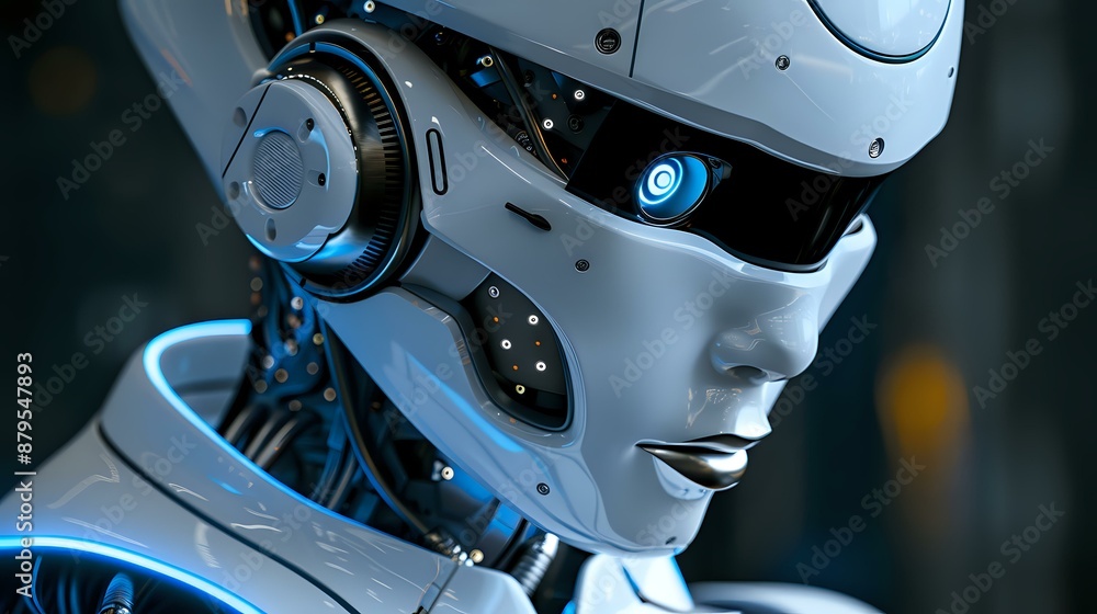 Poster close-up of a futuristic robot with intricate details and glowing blue lights. ideal for themes of t