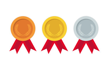 gold silver and bronze medal icon set with color ribbons and with laurel wreath isolated on white background 