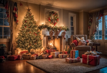 Obraz premium Sala Accogliente con Camino e Albero di Natale Splendente