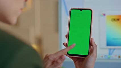 Girl browsing app mockup mobile phone working office creative agency close up.