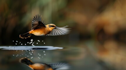 Obraz premium A stunning and crisp photo of a Goldeeg bird flying over a tranquil lake, with its reflection visible in the water, focus cover all object