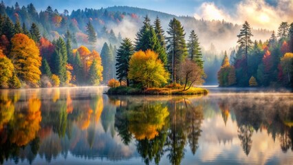 Fototapeta premium Serene misty morning scene of tranquil lake winding through dense foggy forest surrounded by tall majestic autumnal trees.