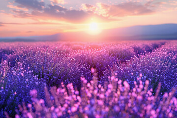 Fototapeta premium Lavender Field Sunset With Pink Sky and Golden Sun