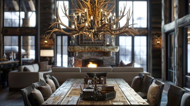 A cozy yet luxurious dining space with a rustic farmhouse table and a chandelier made of antlers
