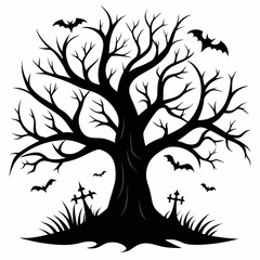Gothic tree vector illustration, Halloween tree vector art, tree silhouette, tree with roots