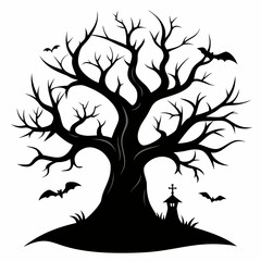 Gothic tree vector illustration, Halloween tree vector art, tree silhouette, tree with roots