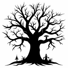 Gothic tree vector illustration, Halloween tree vector art, tree silhouette, tree with roots