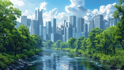 Fototapeta premium Vibrant city skyline with lush green trees and a serene river in the foreground on a bright sunny day.