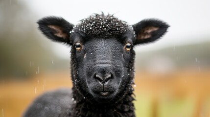 A stunning and sharp photo of a black sheep with the morning dew glistening on its wool, focus cover all object