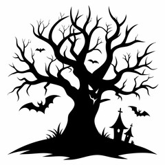 Gothic tree vector illustration, Halloween tree vector art, tree silhouette, tree with roots