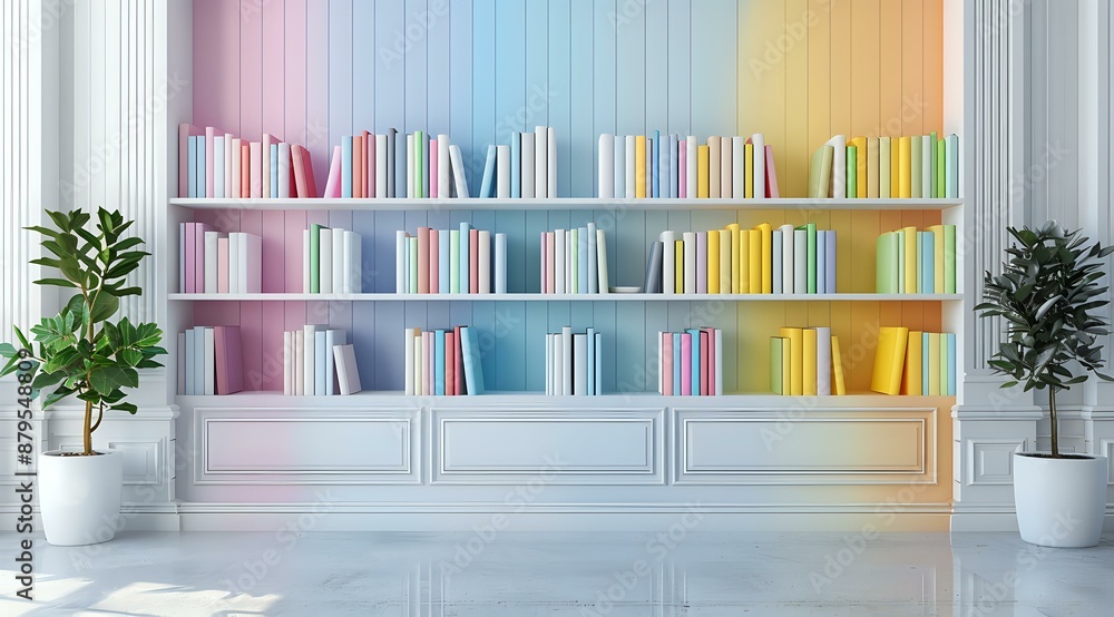 Poster bright and colorful bookshelf filled with neatly arranged books against a gradient wall, flanked by 