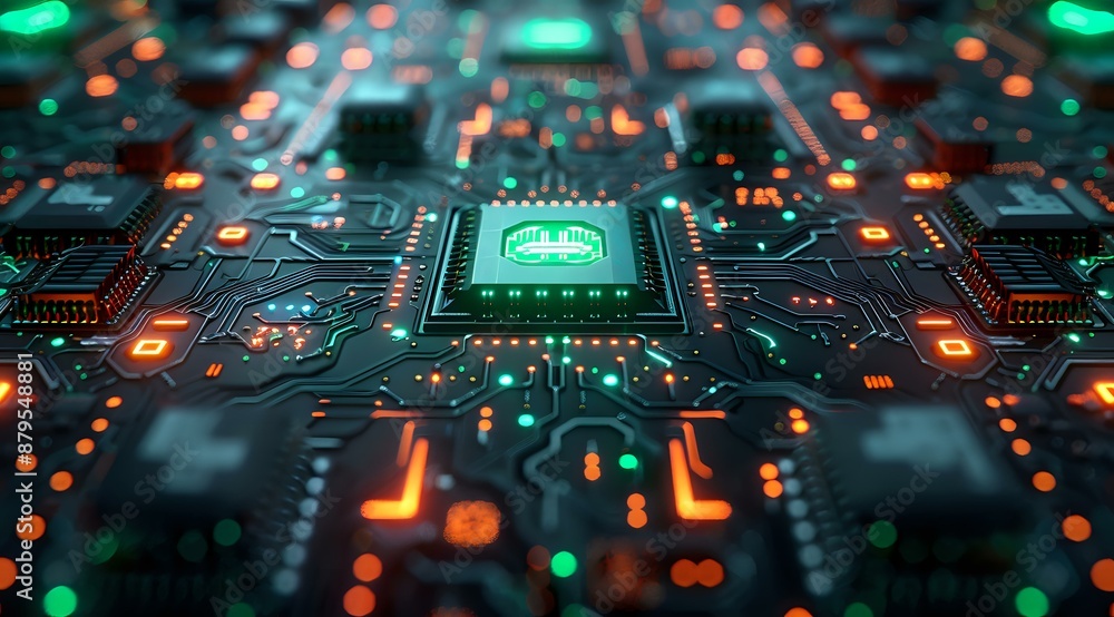 Poster close-up of a glowing microchip on a circuit board, highlighting the intricate details and connectio