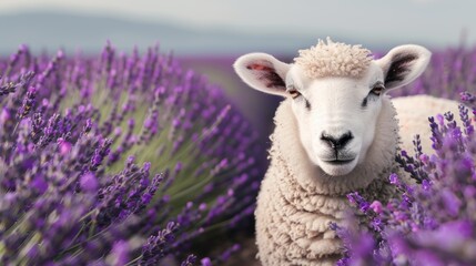 Naklejka premium A vibrant and clear photo of a white sheep in a field of blooming lavender, focus cover all object