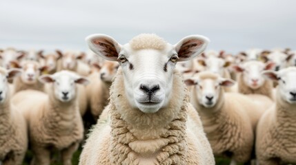 Fototapeta premium A vibrant and sharp photo of a white sheep amidst a flock in a pastoral countryside setting, focus cover all object