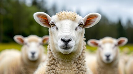 Fototapeta premium A vibrant and sharp photo of a white sheep amidst a flock in a pastoral countryside setting, focus cover all object