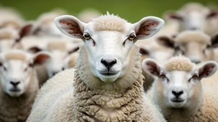 Obraz premium A vibrant and sharp photo of a white sheep amidst a flock in a pastoral countryside setting, focus cover all object