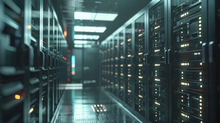 Servers in a modern data center. Concept of cloud computing, big data, internet technology, network, database, and information storage.