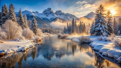 Serenity reigns in a winter wonderland scene featuring snow-capped mountains, a tranquil river, and a blanket of frosty mist.