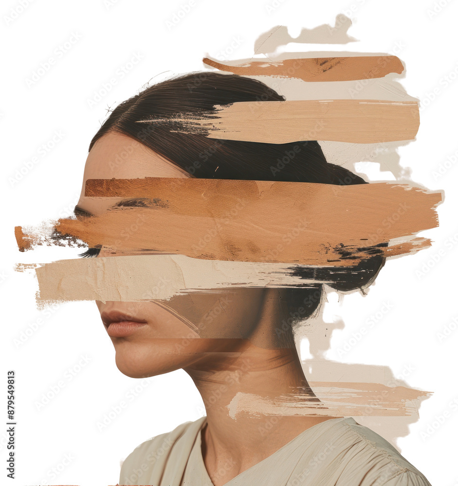 Sticker png diversity woman with a brown brush stroke art portrait painting.