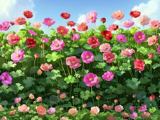 Vibrant Pink Flower Field, Sunny Day