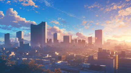 Fototapeta premium Vibrant Anime-Style Cityscape in High Definition Morning Light