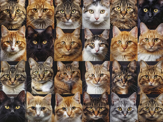 Fototapeta premium A Collection of Domestic Cats Posing for a Portrait in a Grid Arrangement
