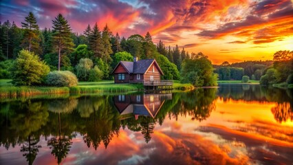 Obraz premium Serene isolated cottage surrounded by lush greenery reflected in calm lake waters under vibrant orange pink sunset sky.