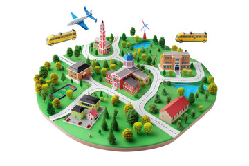 A city scene with a school, a bus, and an airplane, illustrations, clipart, isolated on a transparent background.