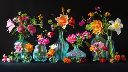 Several delicate, glass-blown vases in a variety of shapes and sizes, each filled with vibrant, exotic flowers, set against a stark black backdrop.